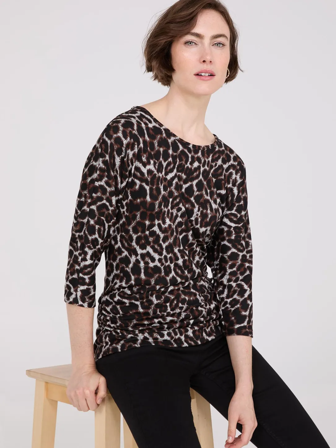 3/4 Sleeve Animal Print Top With Side Ruching