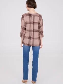 3/4 Sleeve Plaid Top With Side Ruching