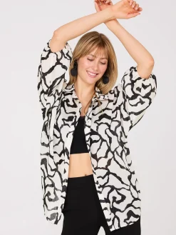 Abstract Print Crinkle Button-Front Blouse
