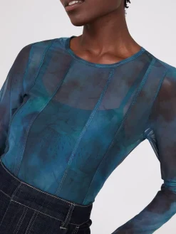 Abstract Print Long Sleeve Mesh Top With Cami