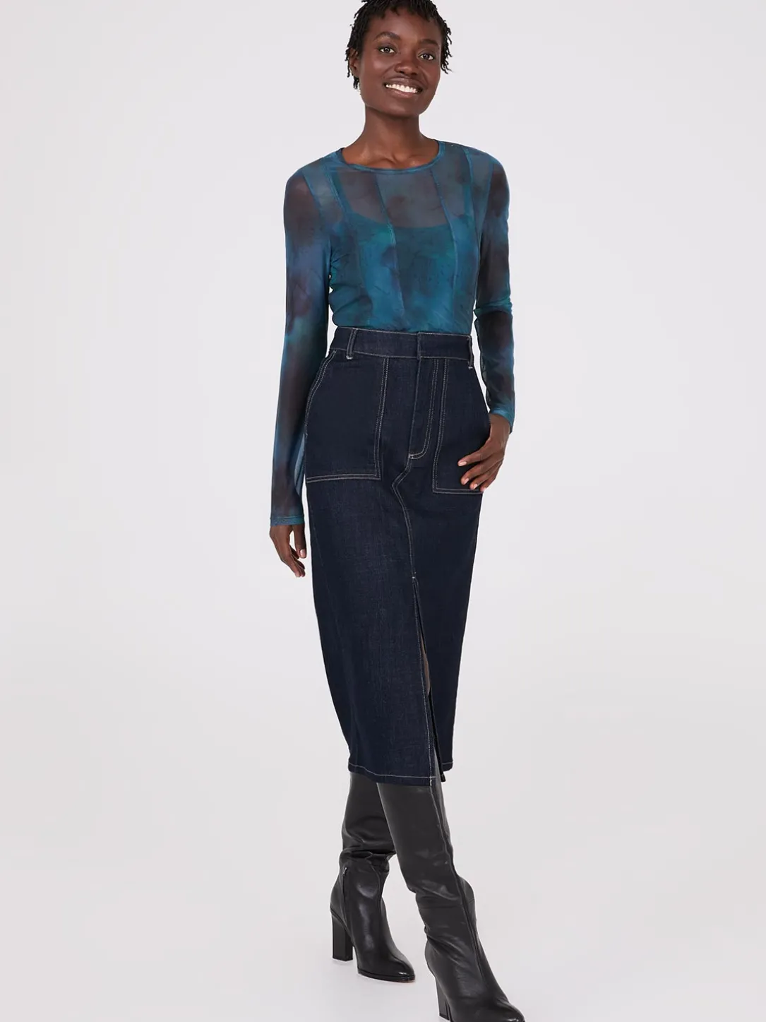 Abstract Print Long Sleeve Mesh Top With Cami