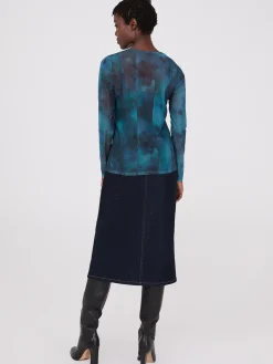 Abstract Print Long Sleeve Mesh Top With Cami