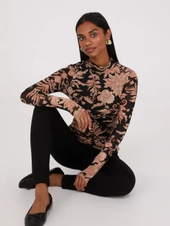 Abstract Print Mock Neck Mesh Top