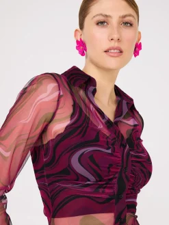 Abstract Print Ruched Button-Front Mesh Blouse