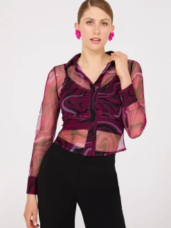 Abstract Print Ruched Button-Front Mesh Blouse