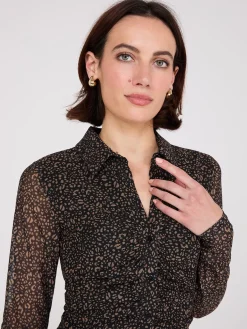 Animal Print Button-Front Gathered Mesh Dress
