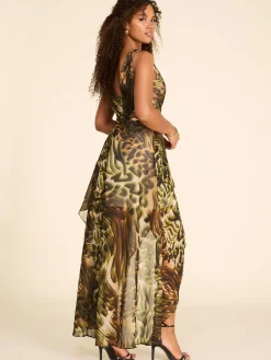 Animal Print Crossover High-Low Chiffon Midi Dress