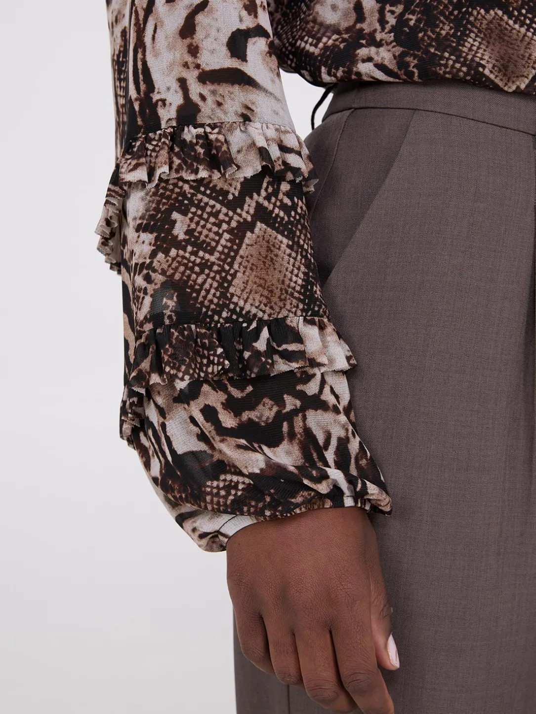 Animal Print Mesh Top With Ruffle Details
