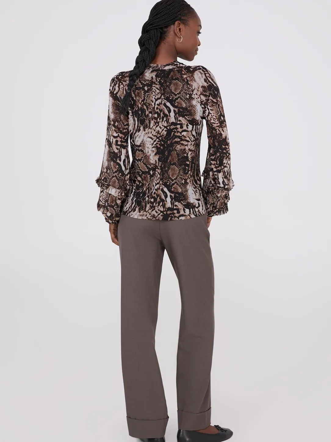 Animal Print Mesh Top With Ruffle Details