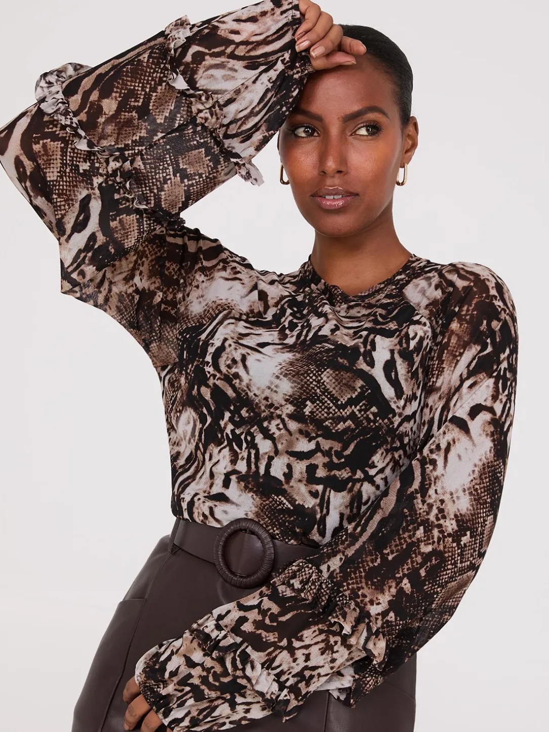 Animal Print Mesh Top With Ruffle Details