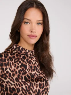 Animal Print Mock Neck Satin Popover Blouse