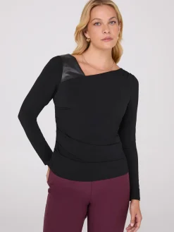 Asymmetrical Neckline Top With Faux Leather Detail