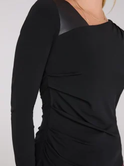 Asymmetrical Neckline Top With Faux Leather Detail
