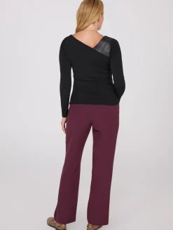 Asymmetrical Neckline Top With Faux Leather Detail