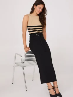 Belted Front Pintuck Column Skirt