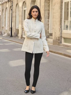 Boucle Button-Front Blazer With Mandarin Collar