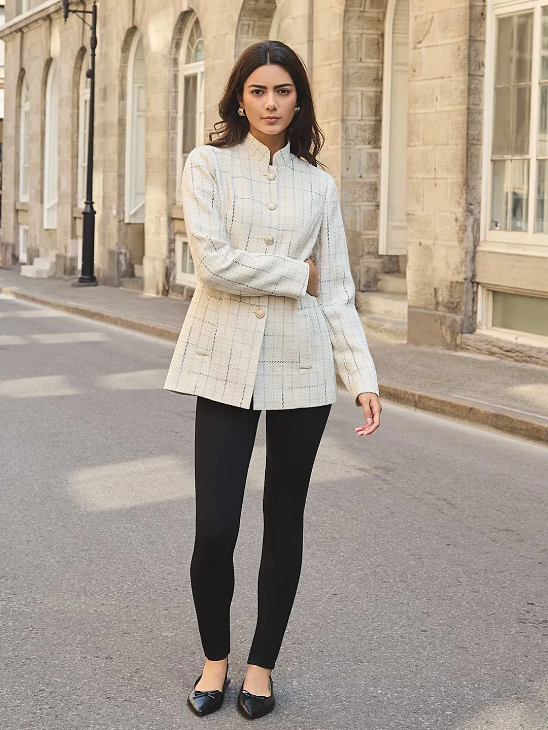 Boucle Button-Front Blazer With Mandarin Collar