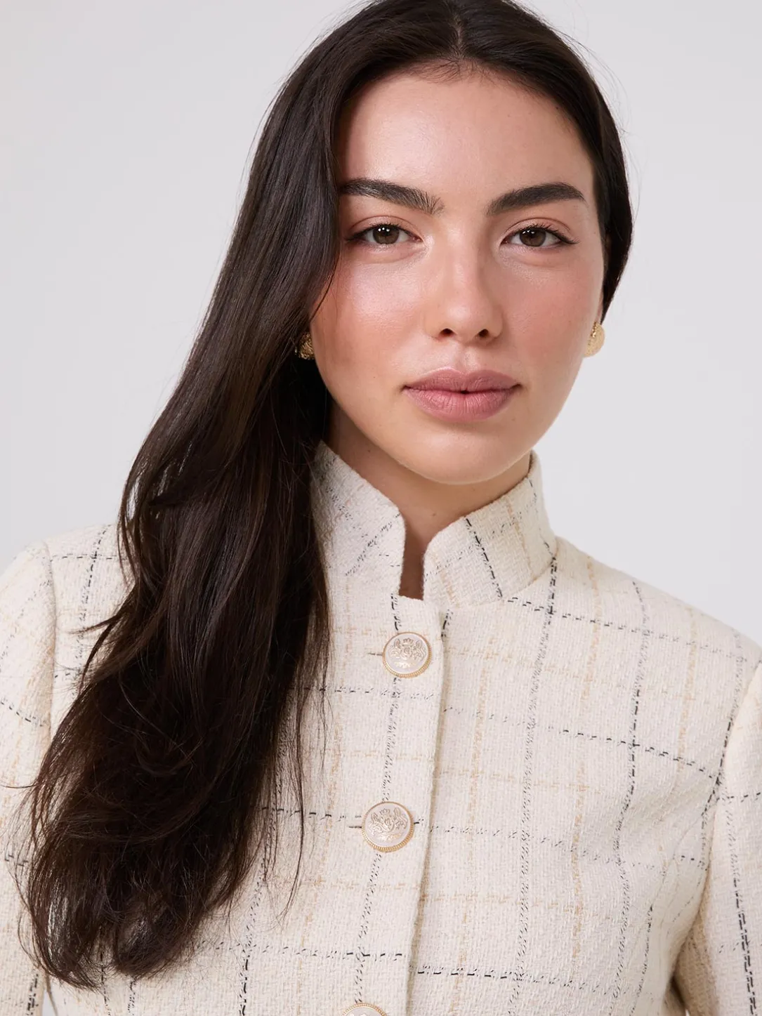 Boucle Button-Front Blazer With Mandarin Collar