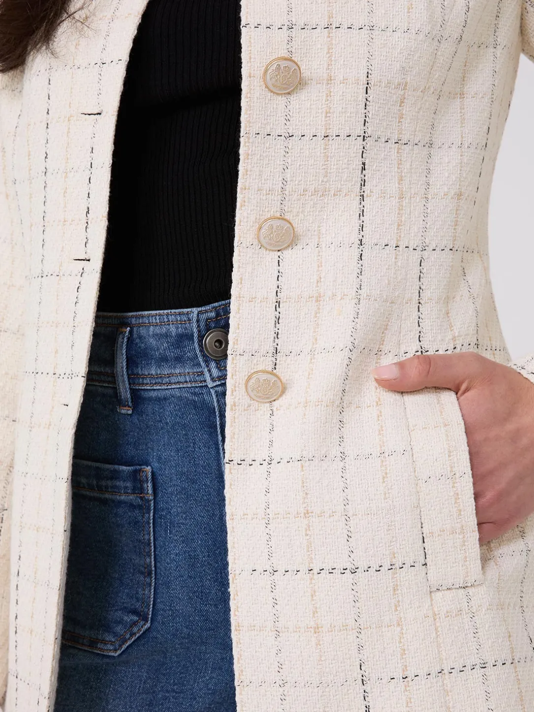 Boucle Button-Front Blazer With Mandarin Collar