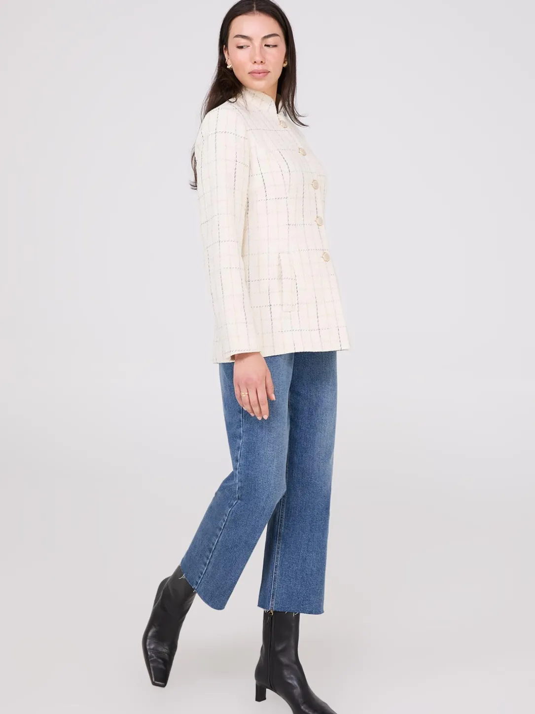 Boucle Button-Front Blazer With Mandarin Collar
