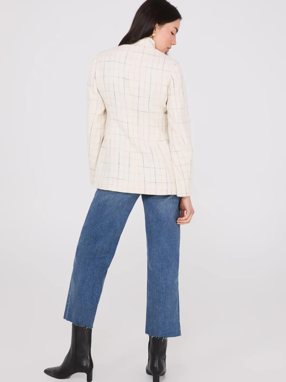 Boucle Button-Front Blazer With Mandarin Collar