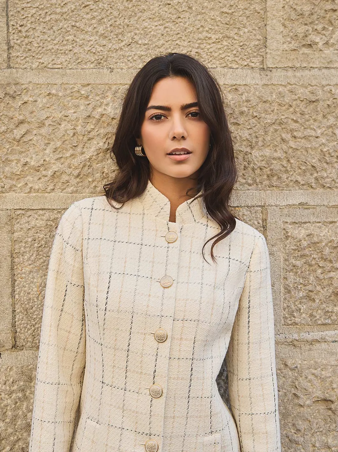 Boucle Button-Front Blazer With Mandarin Collar