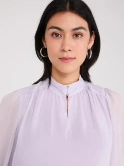 Button-Up Mock Neck Chiffon Blouse