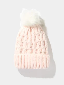 Cable Knit Hat With Faux Fur Pom Pom