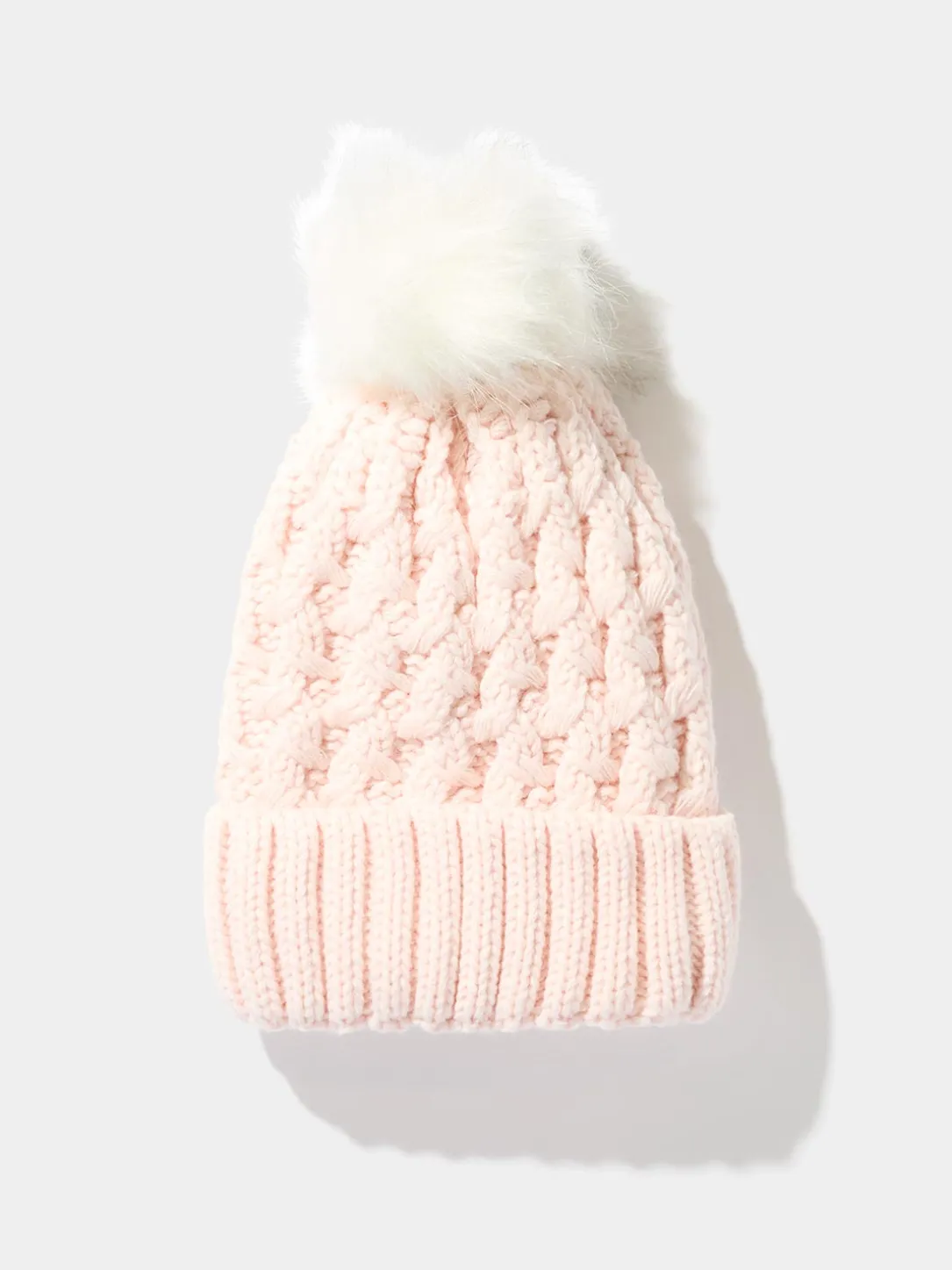 Cable Knit Hat With Faux Fur Pom Pom