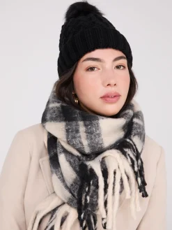 Cable Knit Hat With Faux Fur Pom Pom
