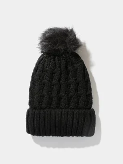 Cable Knit Hat With Faux Fur Pom Pom