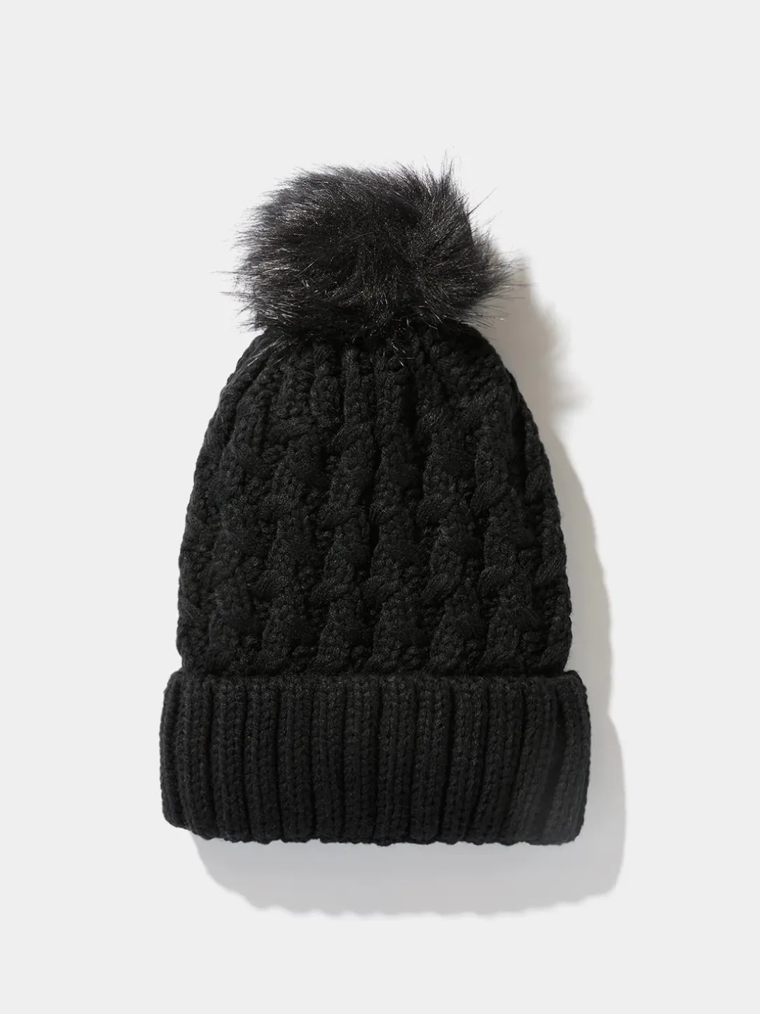 Cable Knit Hat With Faux Fur Pom Pom