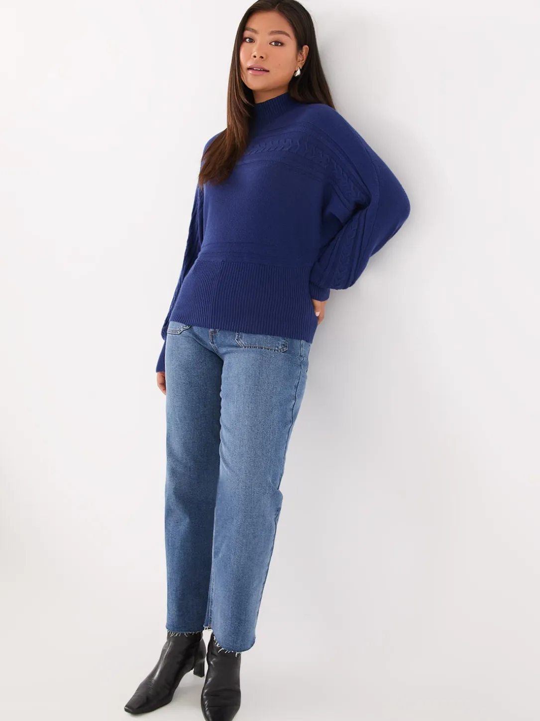 Cable Knit Mock Neck Dolman Sleeve Sweater