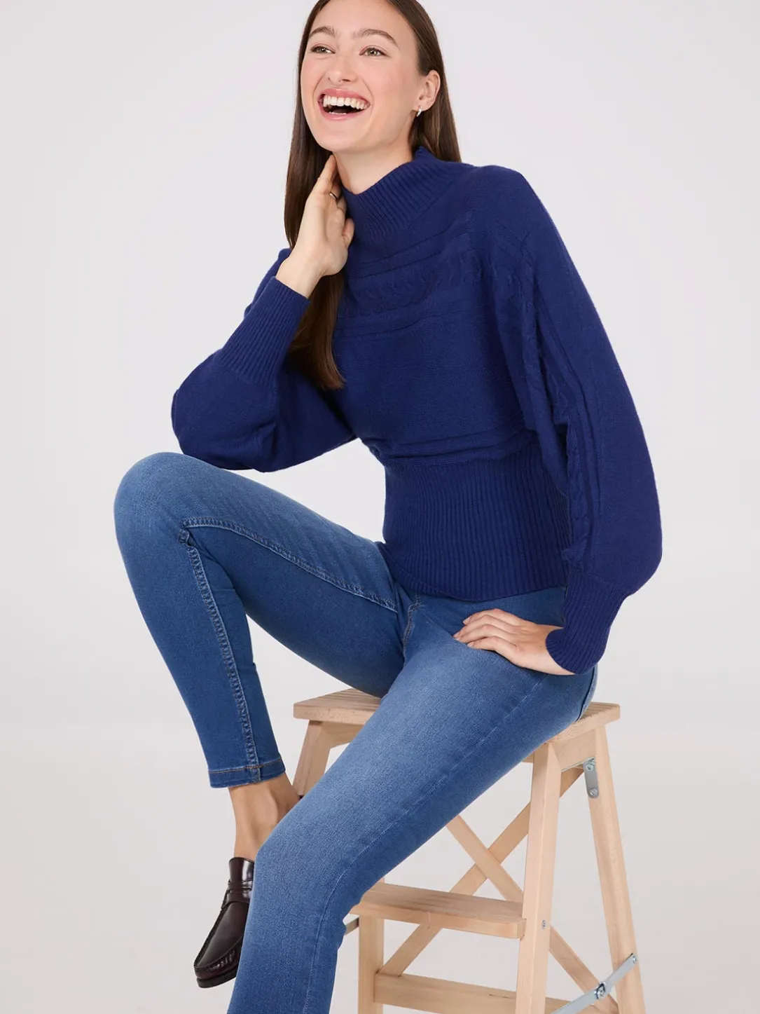Cable Knit Mock Neck Dolman Sleeve Sweater