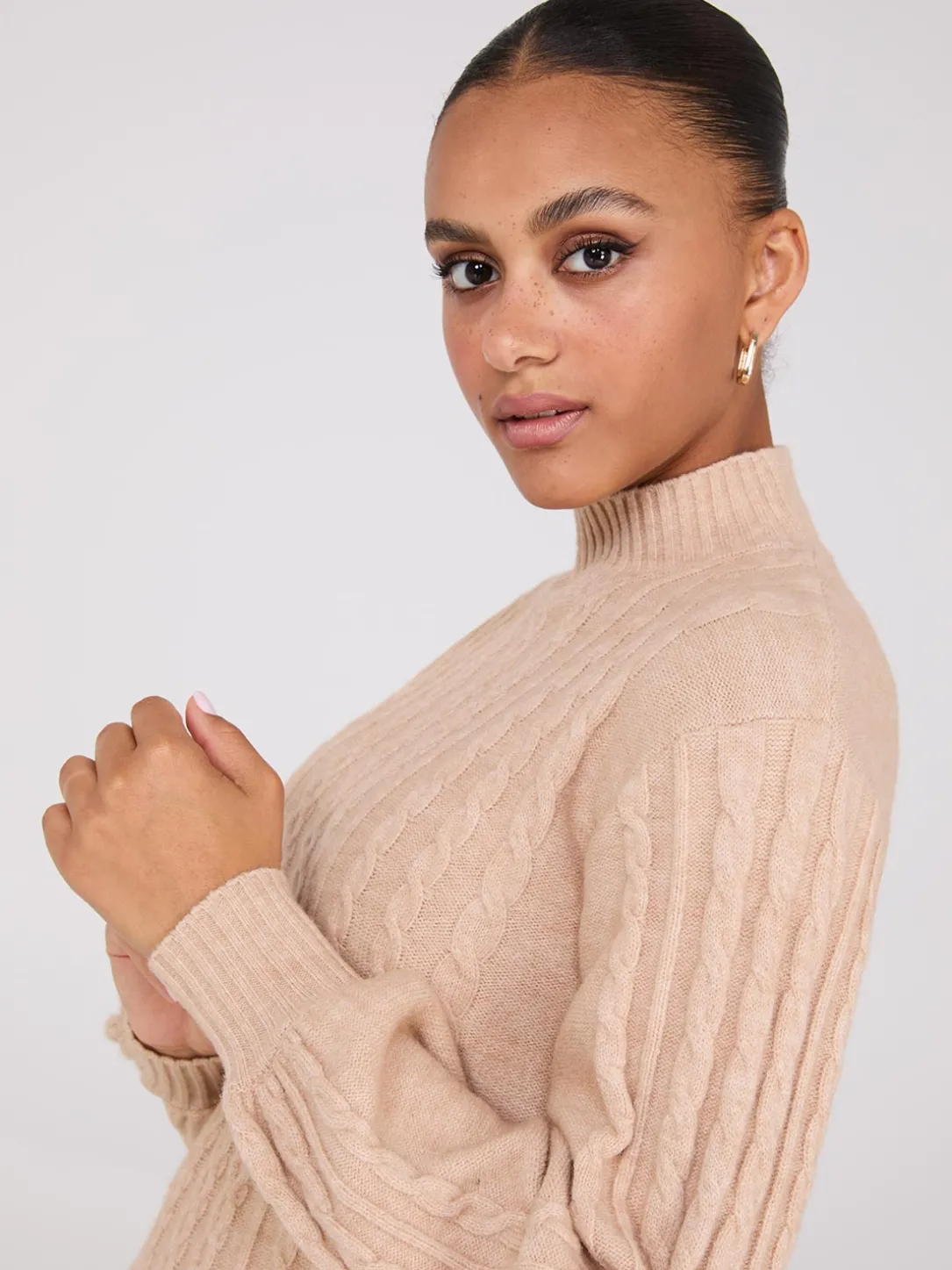 Cable Knit Mock Neck Sweater Dress