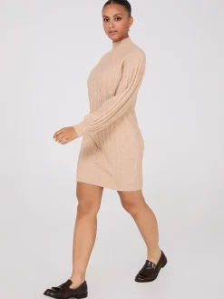 Cable Knit Mock Neck Sweater Dress