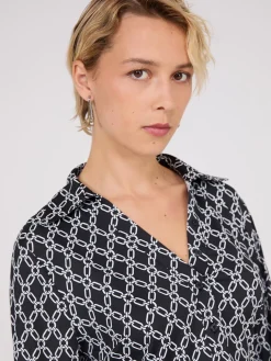 Chain Print Split Neck Button-Down Blouse
