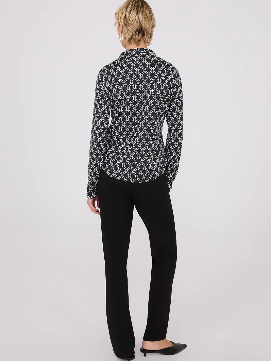 Chain Print Split Neck Button-Down Blouse