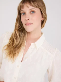 Chiffon Button-Front Blouse With Smocked Details