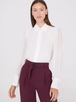 Chiffon Button-Front Volume Sleeve Blouse