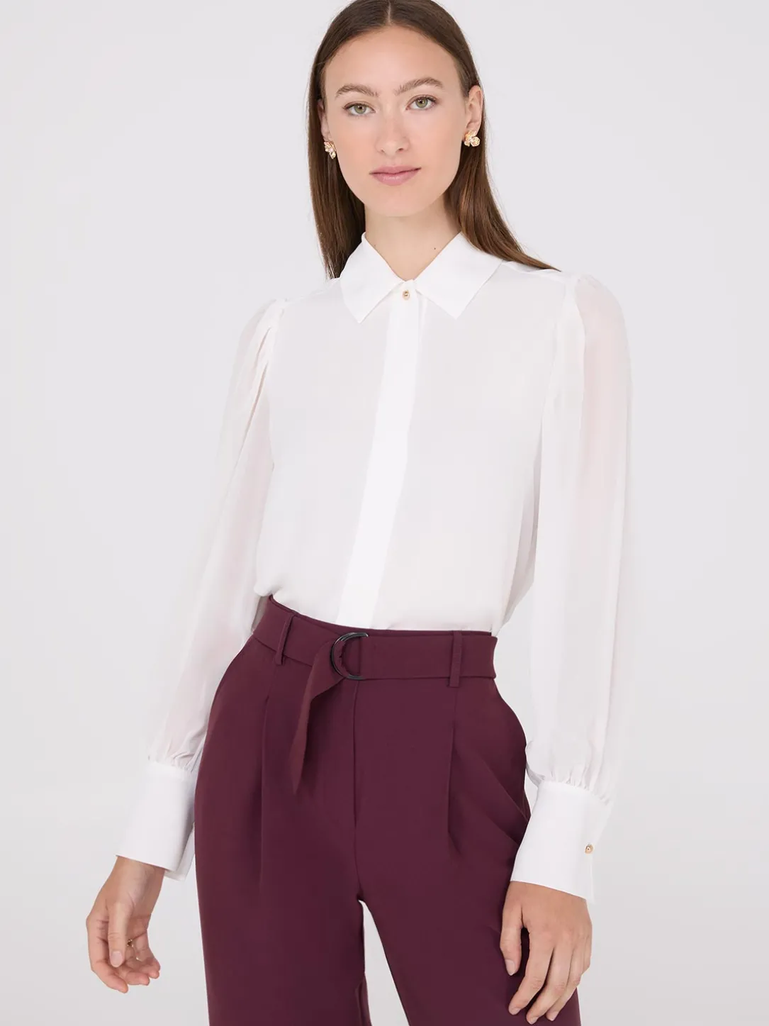 Chiffon Button-Front Volume Sleeve Blouse