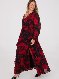 Chiffon Floral Print Ruffle Skirt Maxi Dress