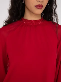 Chiffon Sleeve Mock Neck Top With Rhinestones