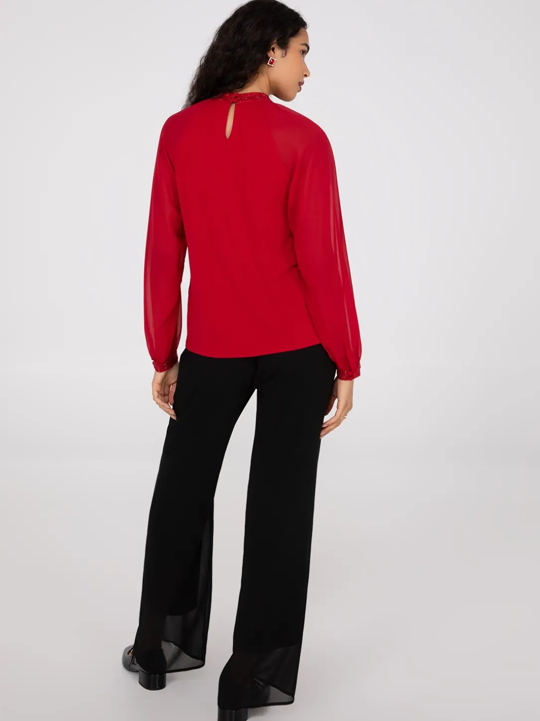 Chiffon Sleeve Mock Neck Top With Rhinestones