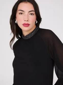Chiffon Sleeve Mock Neck Top With Rhinestones