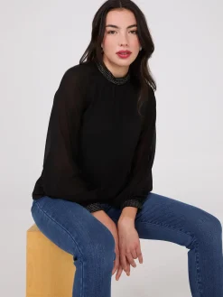 Chiffon Sleeve Mock Neck Top With Rhinestones