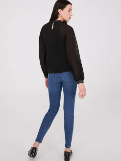 Chiffon Sleeve Mock Neck Top With Rhinestones