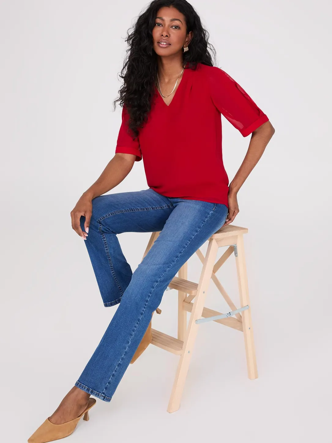 Chiffon V-Neck Pleated Popover Blouse