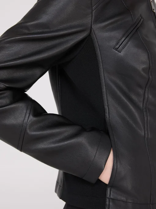 Collarless Faux Leather Jacket