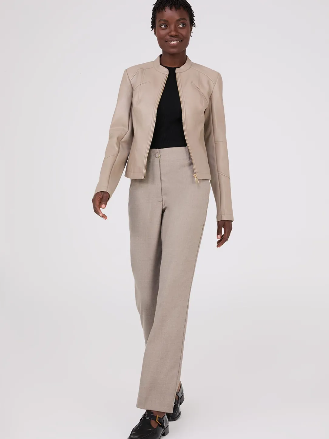 Collarless Faux Leather Jacket
